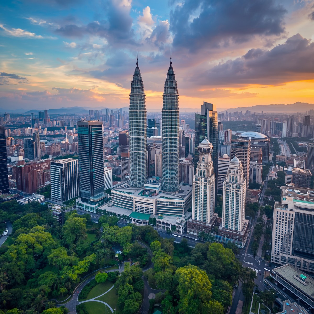 Kuala Lumpur skyline at sunset with greenery